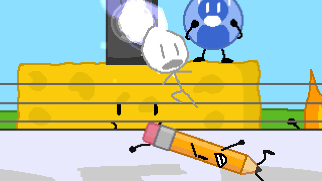 A screenshot of David performing a divekick to attack Pencil, who is whiffing a Crouching Light Punch. The two of them are fighting on the Staring Ring, a Battle for Dream Island stage.