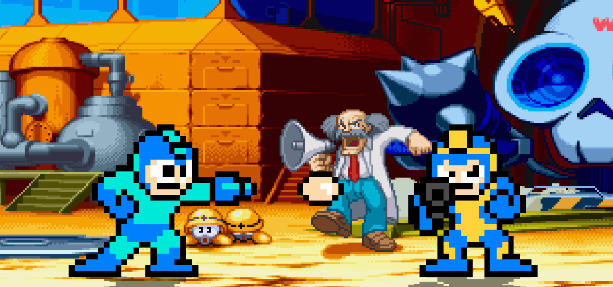 A screenshot of Mega Man firing a buster shot towards Bad Box Art Mega Man.