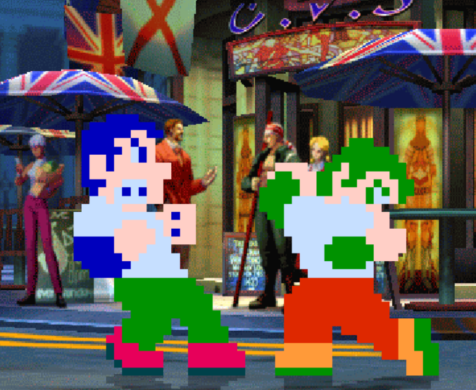 A screenshot of Urban Champion narrowly dodging a haymaker from the enemy Urban Champion.