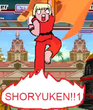 A screenshot of Flowchart Ken hitting M. Bison with his iconic Shoryuken.
