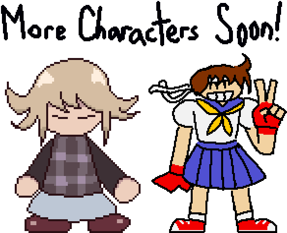 Sprites of Urotsuki from Yume 2kki and Sakura from Street Fighter. Sakura is holding up a Peace Sign! Above them is text that says 'More Characters Soon!'